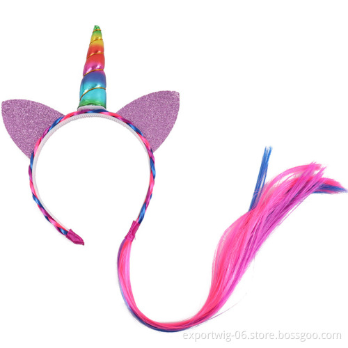 New Girl Rainbow Unicorn Braids Headband Kids Hair Bow Pony Cosplay Gifts Fancy Dress Wig Birthday Party Unicorn Accessories